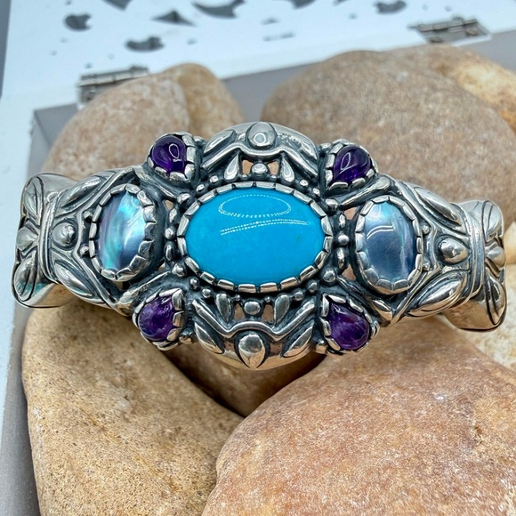 Carolyn Pollack Relios Turquoise Multi Stone Sterling Leather Cuff NWT 6 3/4” - Picture 14 of 17